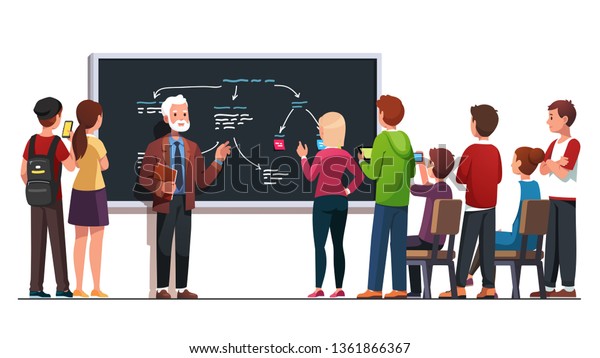 Professor explaining seminar lecture topic
using drawing diagram on class blackboard talking to students
group. Student asking teacher questions after lesson. Flat vector
character
illustration