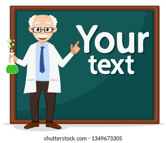 Professor with a flask in his hands points to the Board for your text.
