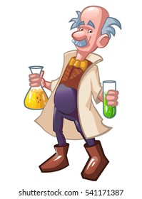 Professor with flasks in the hands of a medical gown, crazy, clever cartoon vector illustration