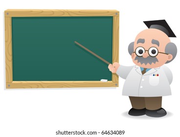 Professor in front of blackboard. 