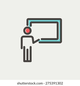 Professor in front of a blackboard icon thin line for web and mobile, modern minimalistic flat design. Vector icon with dark grey outline and offset colour on light grey background.