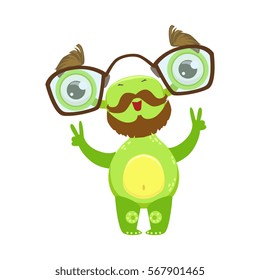 Professor Funny Monster With Beard And Glasses, Green Alien Emoji Cartoon Character Sticker