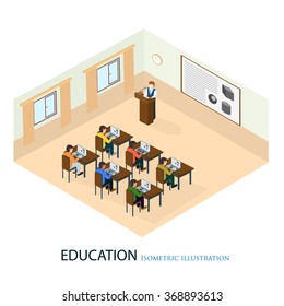 The professor gave a lecture on the subject of fine art standing at the department. Isometric vector illustration.