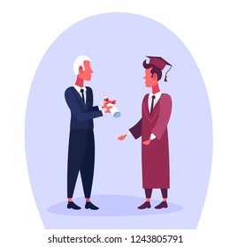 professor giving diploma man graduate cap certificate on graduation day education concept cartoon character flat full length