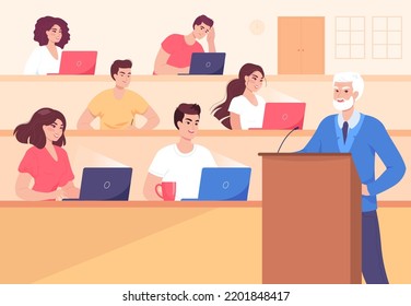 Professor giving lecture at university flat vector illustration. Young student sitting at desks and looking laptop screens. Education, study, knowledge, conference concept