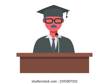 Professor giving speech in graduation occasion. Simple flat illustration.