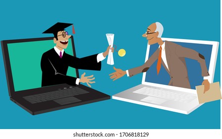 Professor handing a university diploma to a graduate communicating online, EPS 8 vector illustration