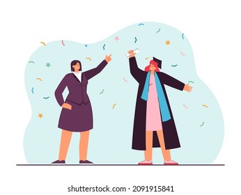 Professor and happy girl in graduation cap holding diploma. Graduate student, graduation ceremony flat vector illustration. Education, success concept for banner, website design or landing page