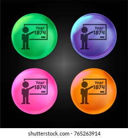 Professor in History class pointing year 1874 on whiteboard crystal ball design icon in green - blue - pink and orange.