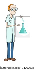 Professor holding a sign with a laboratory flask vector illustration