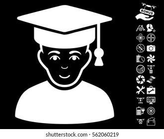 Professor icon with bonus flying drone service images. Vector illustration style is flat iconic white symbols on black background.