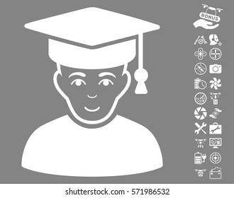 Professor icon with bonus flying drone service pictograms. Vector illustration style is flat iconic white symbols on gray background.