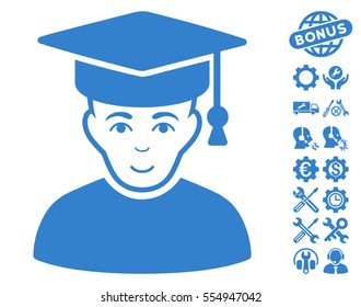 Professor icon with bonus options design elements. Vector illustration style is flat iconic cobalt symbols on white background.