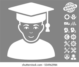 Professor icon with bonus options icon set. Vector illustration style is flat iconic white symbols on gray background.