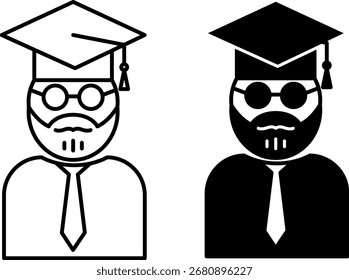 Professor Icons. Schwarzweiße Vektorgrafiken. Mann mit Bart, Brille, Krawatte und Graduiertenhut. Wissenschaftlicher Mitarbeiter oder Dozent. Lehrer- und Bildungskonzept