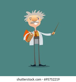 Professor at a lecture with a pointer and book. Vektor illusrtration.
