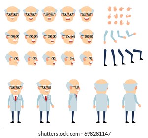Professor in light lab coat creation set. Various gestures, emotions, diverse poses, views. Create your own pose, animation. Flat style vector illustration