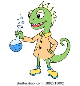 Professor Lizard is doing chemical research, doodle icon image. cartoon caharacter cute doodle draw