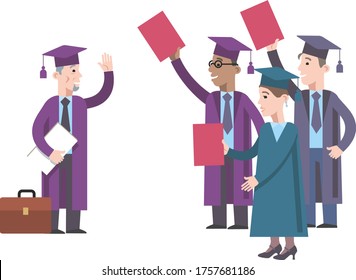 A professor in a mantle and a hat with a brush with documents in hand greets students in a mantle and a hat with a brush with a diploma in hand. Flat infographics. Vector illustration