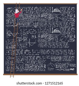 Professor Mathematician with Formulas On huge Blackboard, Math Science Research. math symbol 