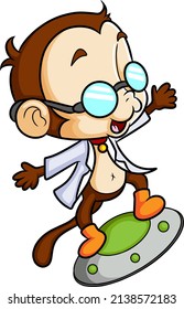 The professor monkey is standing on the moving ufo of illustration