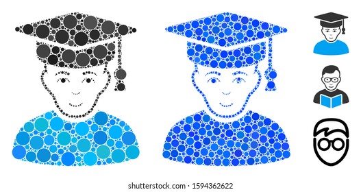 Professor mosaic of filled circles in variable sizes and color hues, based on professor icon. Vector random circles are grouped into blue mosaic. Dotted professor icon in usual and blue versions.