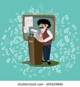 Professor near the blackboard with formulas at university lecture, teacher in class at lesson teaches students, higher education in the college, school vector illustration