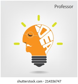 Professor or old scientist sign.Creative light bulb and education or business idea concepts .Vector illustration.