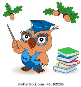 Professor Owl in glasses and in mortarboard with pointer near the book stack, cartoon vector childish illustration