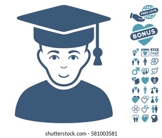 Professor pictograph with bonus decorative pictures. Vector illustration style is flat iconic cyan and blue symbols on white background.