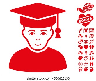 Professor pictograph with bonus romantic icon set. Vector illustration style is flat iconic red symbols on white background.