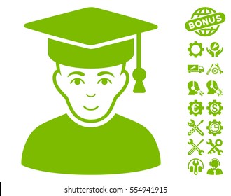 Professor pictograph with bonus service icon set. Vector illustration style is flat iconic eco green symbols on white background.