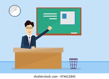 Professor Point Hand To Green School Clack Board Flat Vector Illustration