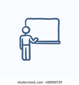 Professor pointing at blackboard vector sketch icon isolated on background. Hand drawn Professor pointing at blackboard icon. Professor and blackboard sketch icon for infographic, website or app.