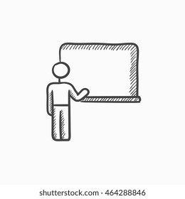 Professor pointing at blackboard vector sketch icon isolated on background. Hand drawn Professor pointing at blackboard icon. Professor and blackboard sketch icon for infographic, website or app.