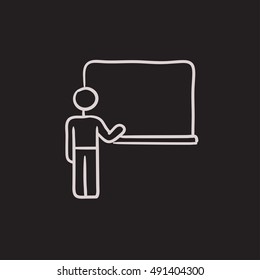 Professor pointing at blackboard vector sketch icon isolated on background. Hand drawn Professor pointing at blackboard icon. Professor and blackboard sketch icon for infographic, website or app.