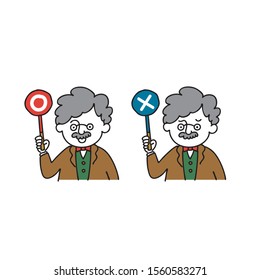 Professor posing circle or cross - japanese right/wrong sign