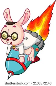 The professor rabbit is flying with the big fire rocket of illustration