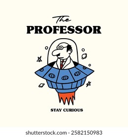 professor riding a ufo retro cartoon illustration