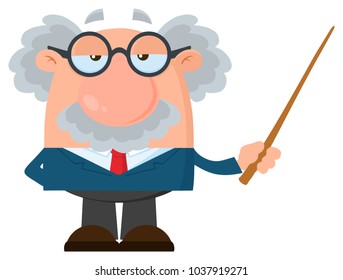 Professor Or Scientist Cartoon Character Holding A Pointer. Vector Illustration Flat Design Isolated On White Background