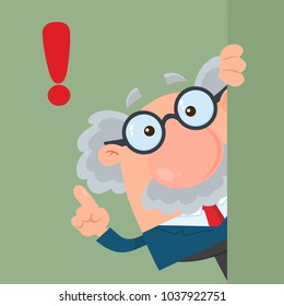 Professor Or Scientist Cartoon Character Looking Around Corner With Advice. Vector Illustration Flat Design With Background