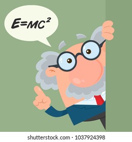 Professor Or Scientist Cartoon Character Looking Around Corner With Speech Bubble And Einstein Formula. Vector Illustration Flat Design With Background