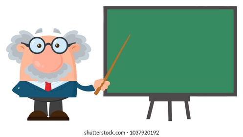 Professor Or Scientist Cartoon Character With Pointer Presenting On A Board. Vector Illustration Flat Design Isolated On White Background