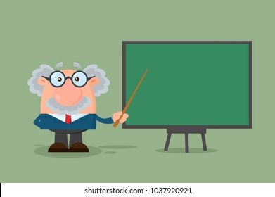 Professor Or Scientist Cartoon Character With Pointer Presenting On A Board. Vector Illustration Flat Design With Background