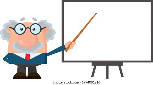Professor Or Scientist Cartoon Character With Pointer Presenting On A White Board. Vector Flat Design Illustration Isolated On Transparent Background