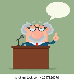Professor Or Scientist Cartoon Character Speaking Behind a Podium With Speech Bubble. Vector Illustration Flat Design With Background