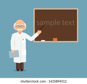 Professor, scientist or doctor shows by a pointer to a chalkboard text