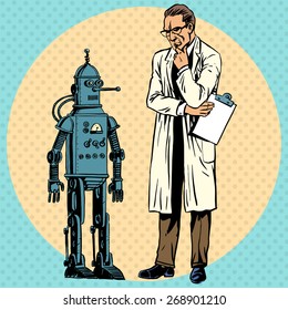 Professor scientist and a robot. The Creator and gadget new science technology pop art comics retro style Halftone. Imitation of old illustrations