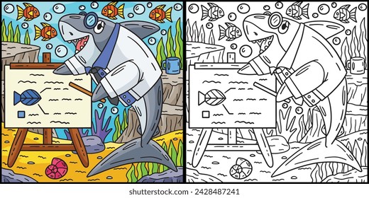 Professor Shark Coloring Page Colored Illustration