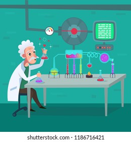 Professor sitting at the table in the lab. He making the experiment with test tubes. Vector illustration in a flat cartoon style.